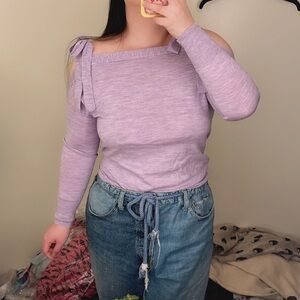 J Crew Lilac Purple Merino Wool Cold Shoulder Bow Lightweight Sweater S EUC